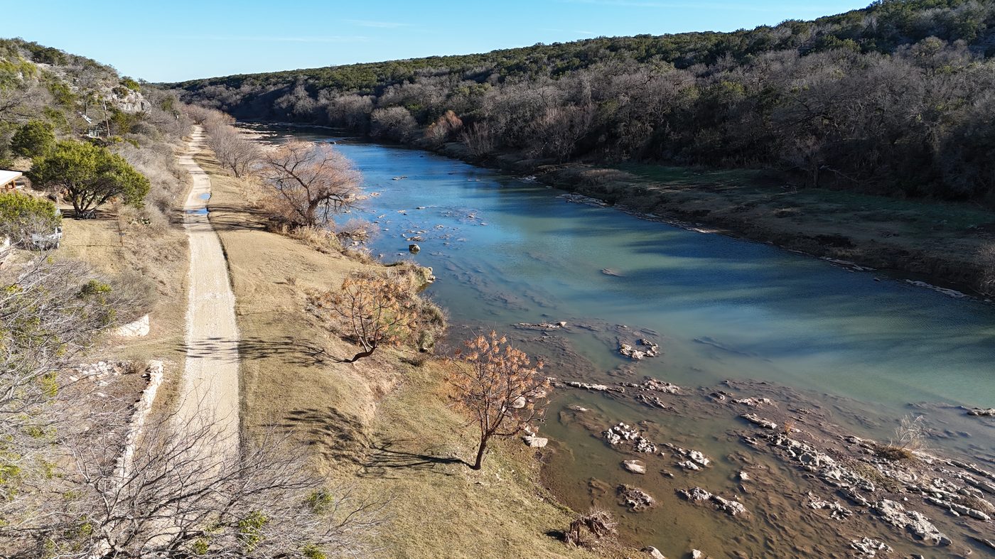 Aerial view showing the road alongside the Colorado River